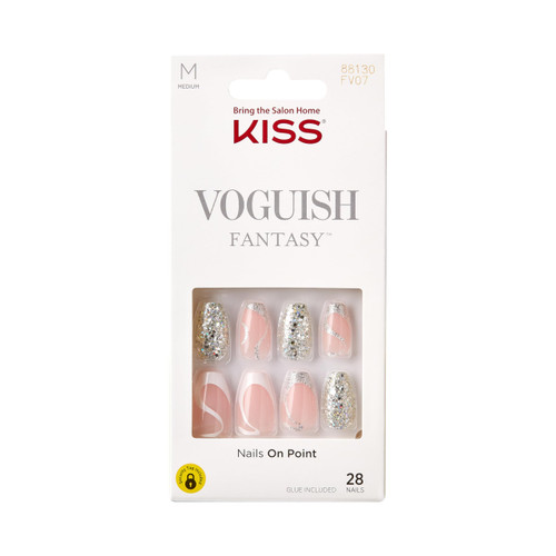 KISS Voguish Fantasy Nails – Fashspiration, Pink & Glittery, Medium Length, Coffin Shape, Ready To Wear, No Damage/Dry Time, Waterproof, Smudge Proof, Shine | 28 Count