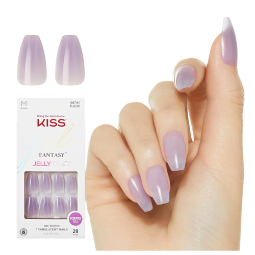 KISS Gel Fantasy, Press On Nails, Nail glue included, 'Quince Jelly', Purple, Medium Size, Coffin Shape, Includes 28 Nails, 2g glue, 1 Manicure Stick, 1 Mini File