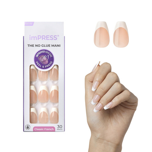KISS imPRESS No Glue Mani Press-On Nails, French, 'Ideal', Light Neutral + White Tip French, Medium Size, Coffin Shape, Includes 30 Nails, Prep Pad, Instructions Sheet, 1 Manicure Stick, 1 Mini File