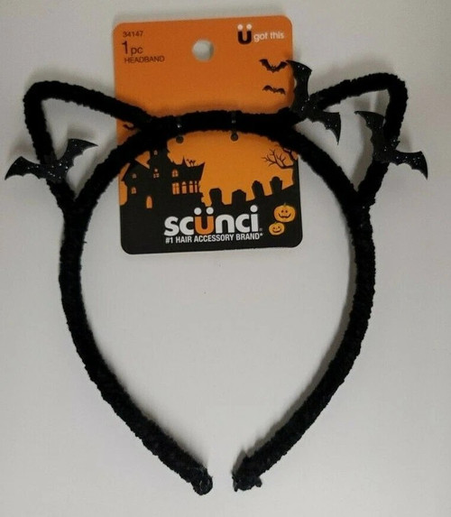 Scünci Halloween Cat Ear Headband with Glitter Bats (Black)