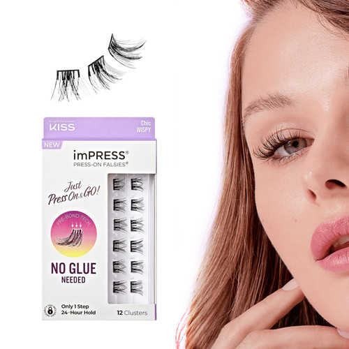 KISS imPRESS Falsies Press On Self Adhesive Eyelashes, 12mm - 14mm Glam Volume Press On Lashes, Black, No Glue Needed, Invisible Band, 12 Lash Clusters - Sassy
