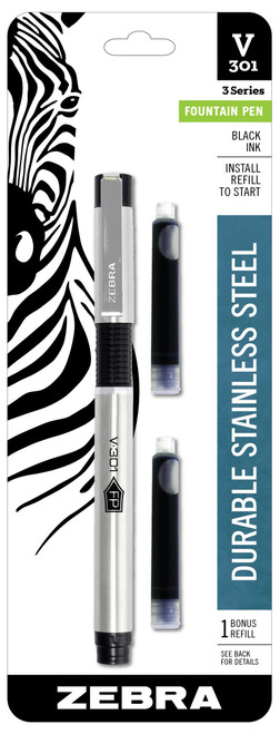 Zebra Pen V-301 Fountain Pen, Stainless-Steel Barrel, Fine Point, 0.7mm, Black Ink, 1-Pack with Refill (48111)