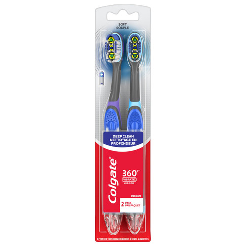 Colgate 360 Vibrate Deep Clean Battery Operated Toothbrush Pack, Disposable Electric Toothbrush with 1 AAA Battery Included, Whole Mouth Clean, 2 Pack