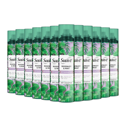 Suave Rosemary & Mint Invigorating Dry Shampoo, Infused with 100% Natural Ingredients for Instantly Reviving Oily Hair, 4.3 oz, 12 Pack