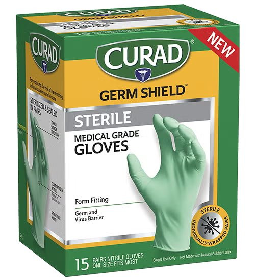 CURAD Germ Shield Sterile Medical Grade Gloves,  One Size Fits Most (15 Pairs)