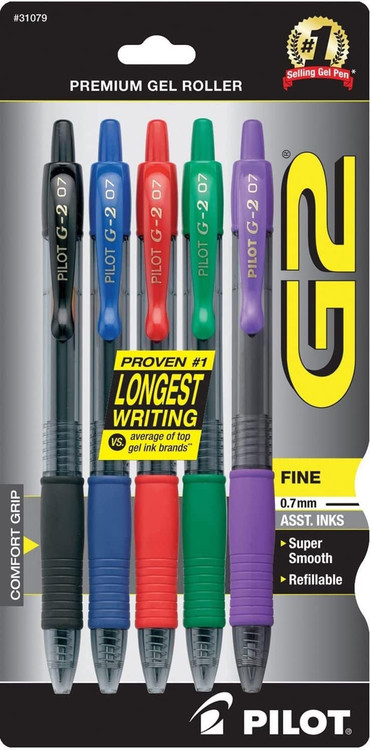 Pilot, G2 Premium Gel Roller Pens, Fine Point 0.7 mm, Assorted Colors, Pack  of 5 - Name Brand Overstock