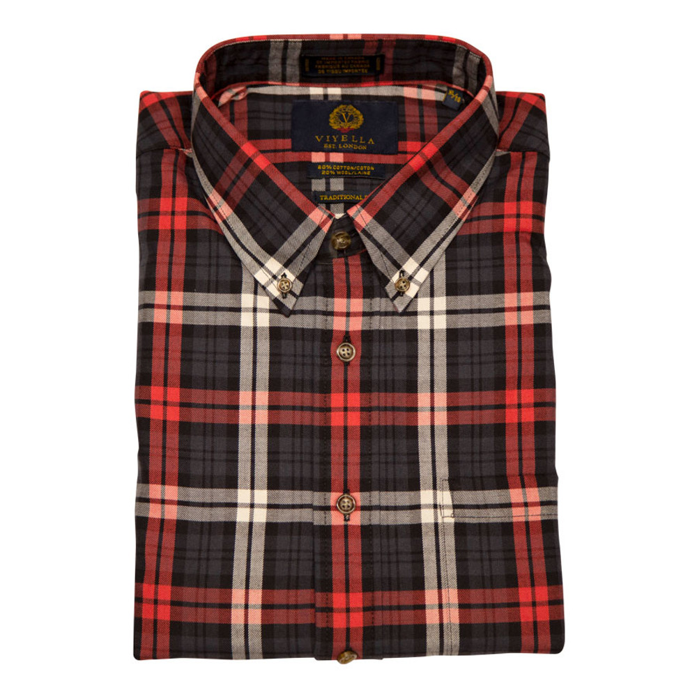 red and black plaid button up shirt