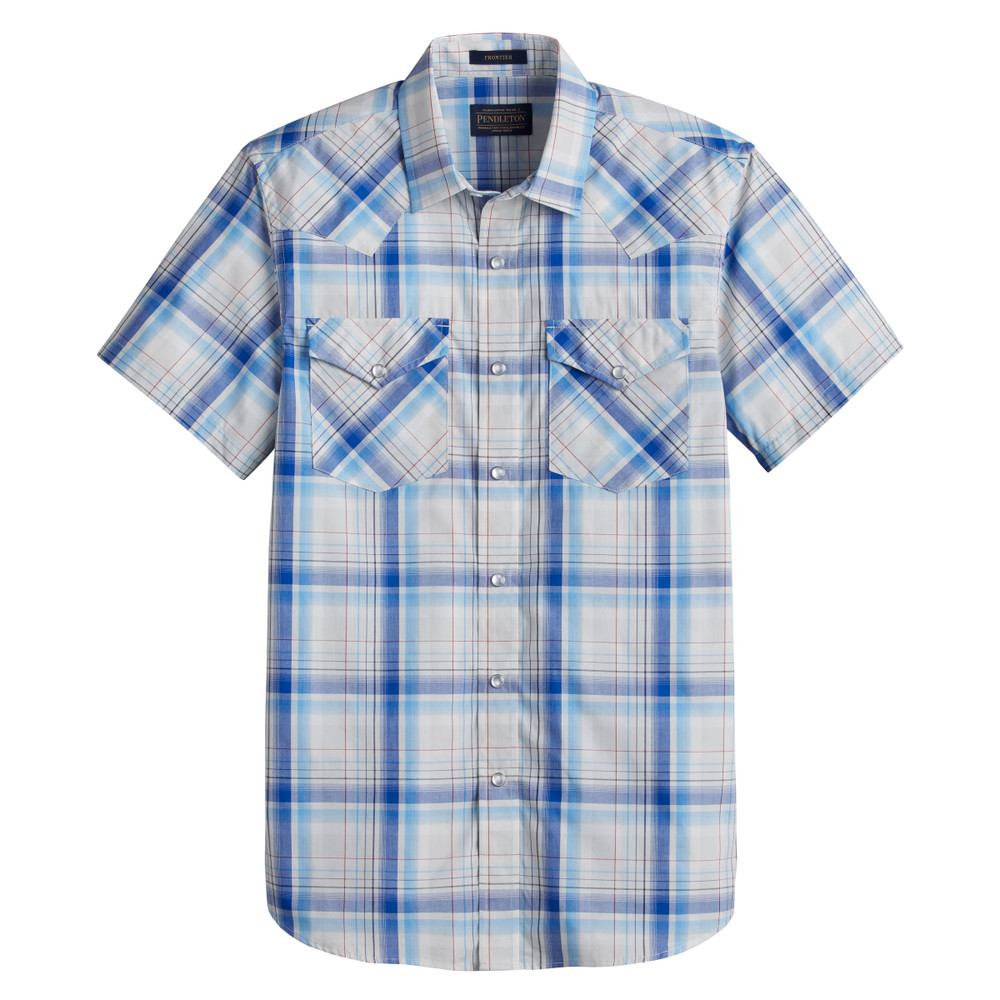 Short-Sleeve Frontier Shirt in Ivory and Royal Blue Plaid by