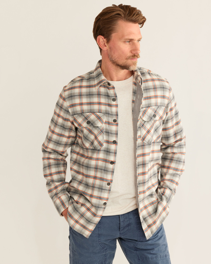 Burnside Double-Brushed Flannel Shirt in Birch, Grey and Red Plaid