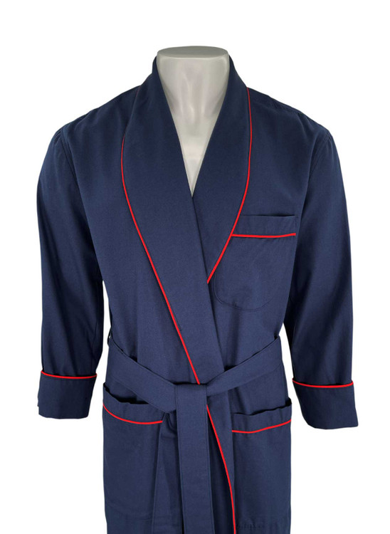 Gentleman's Genuine Cotton and Wool Blend Robe in Solid Navy with Red Piping by Viyella