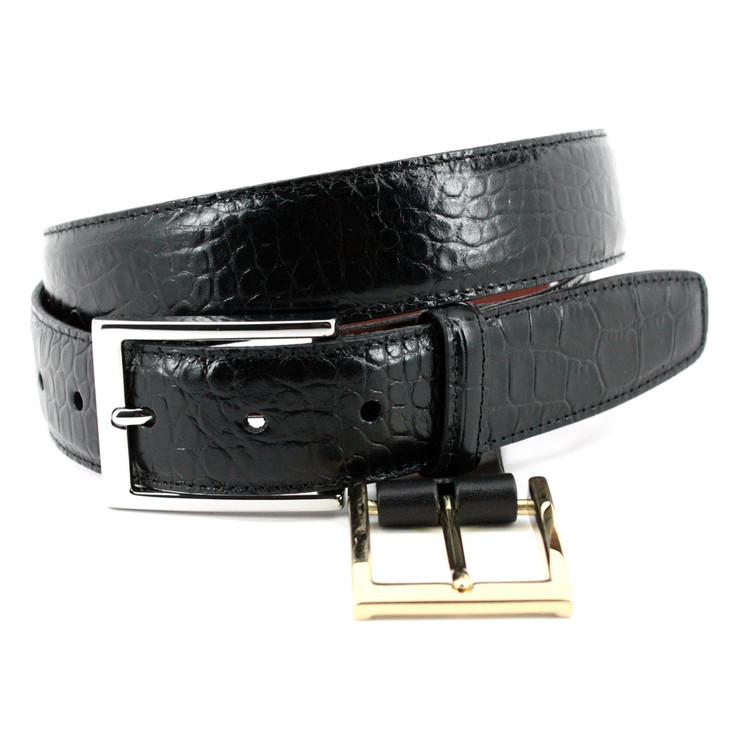 Alligator Grain Embossed Calfskin Belt in Black by Torino Leather Co.