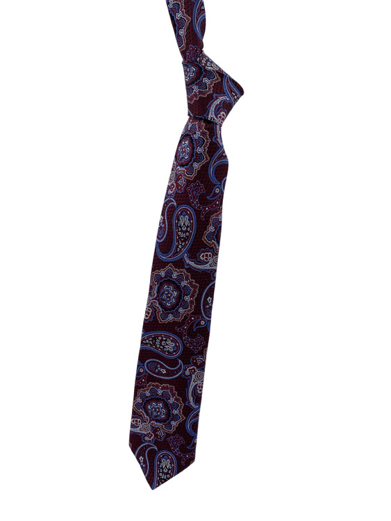 Maroon, Cream and Blue Paisley Woven Silk Tie by Robert Jensen