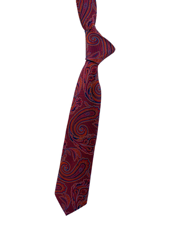 Red, Orange and Navy Paisley Woven Silk Tie by Robert Jensen