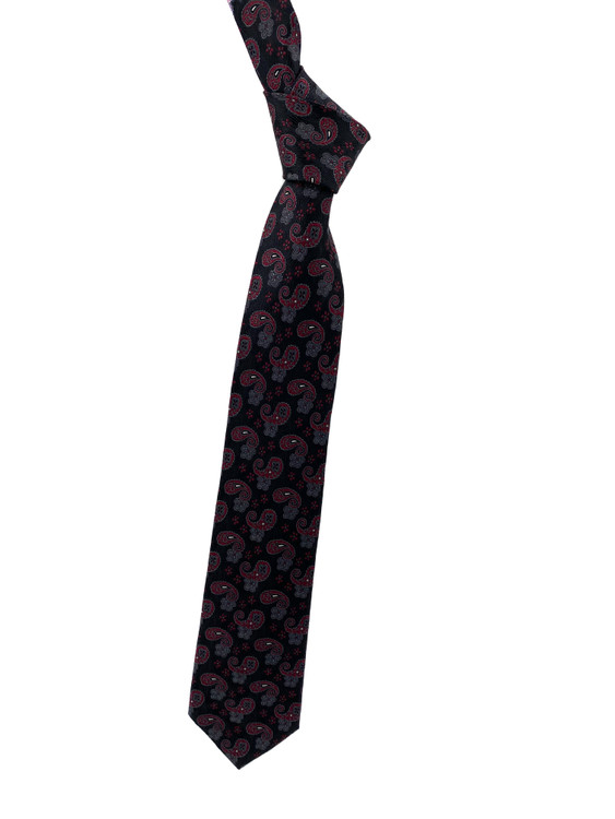 Black, Maroon and Grey Paisley Woven Silk Tie by Robert Jensen