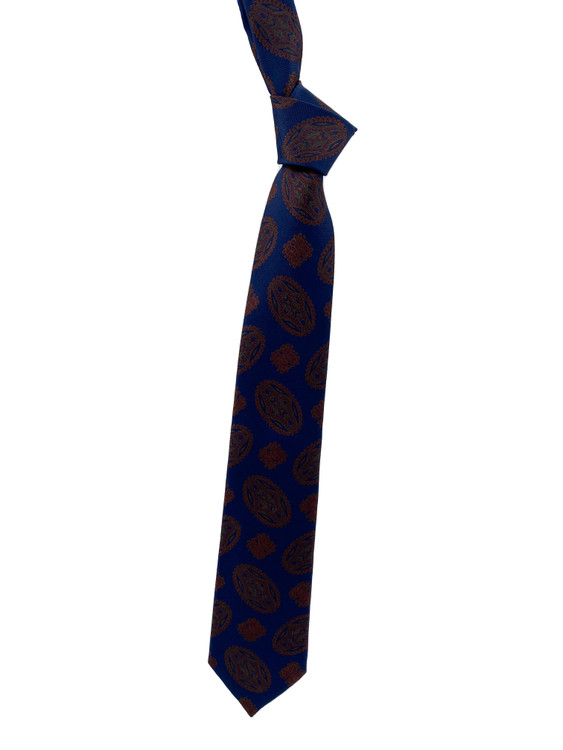 Fall 2020 Navy and Brown Medallion Woven Silk Tie by Robert Jensen