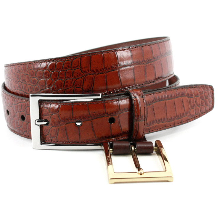 Alligator Grain Embossed Calfskin Belt in Brown by Torino Leather