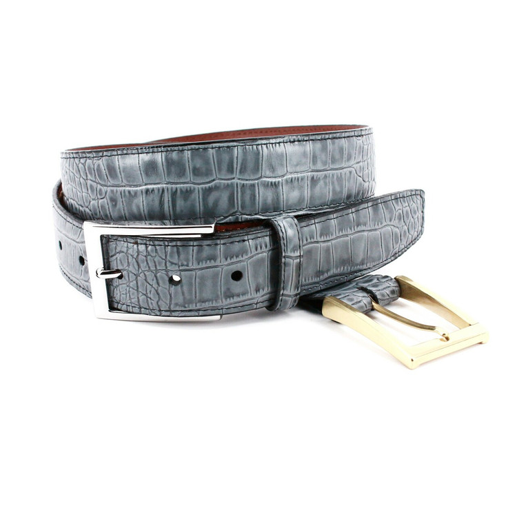Alligator Grain Embossed Calfskin Belt in Grey by Torino Leather Co.