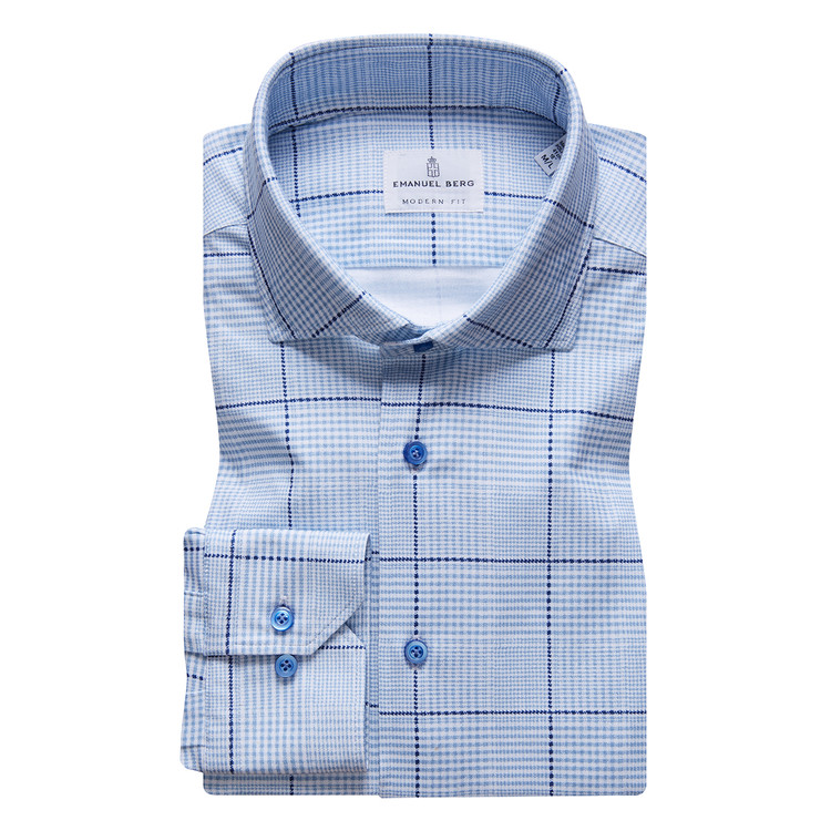 4Flex Jersey Cotton Windowpane Plaid Modern Fit Dress Shirt with Spread Collar in Blue by Emanuel Berg