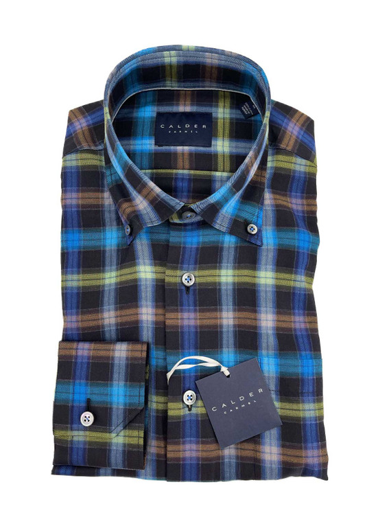 Super Lux Melange Twill Flannel Over Check Sport Shirt in Olive by Calder Carmel
