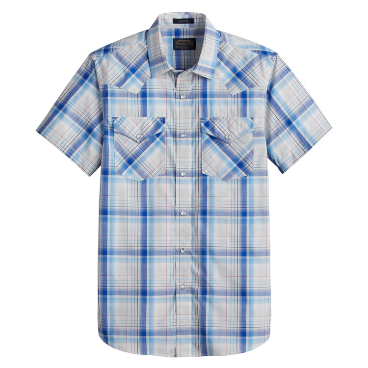 Short-Sleeve Frontier Shirt in Ivory and Royal Blue Plaid by Pendleton