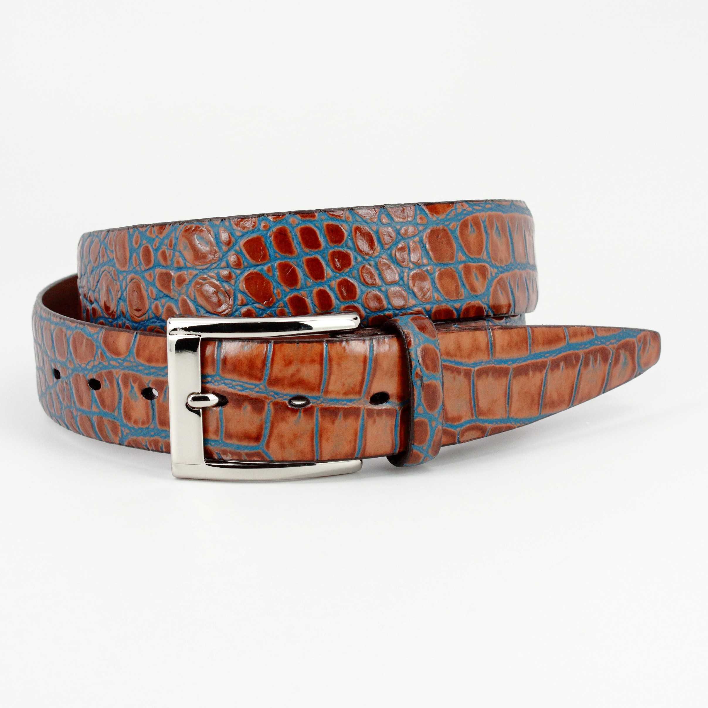 Bi-Color Faux Crocodile Embossed Calfskin Belt in Brown and Blue