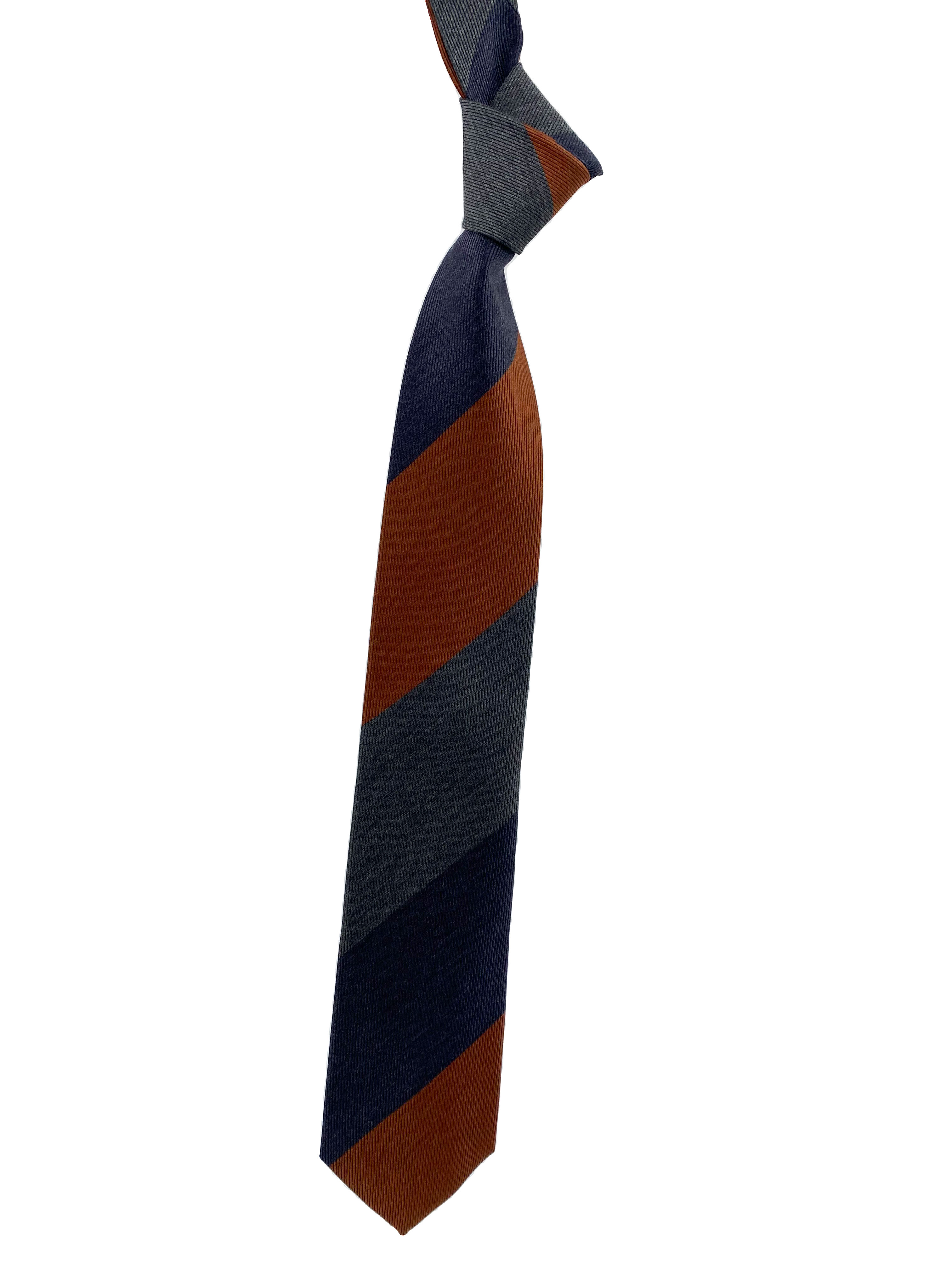 Navy, Grey and Orange Stripe Woven Silk Madder Tie by Robert