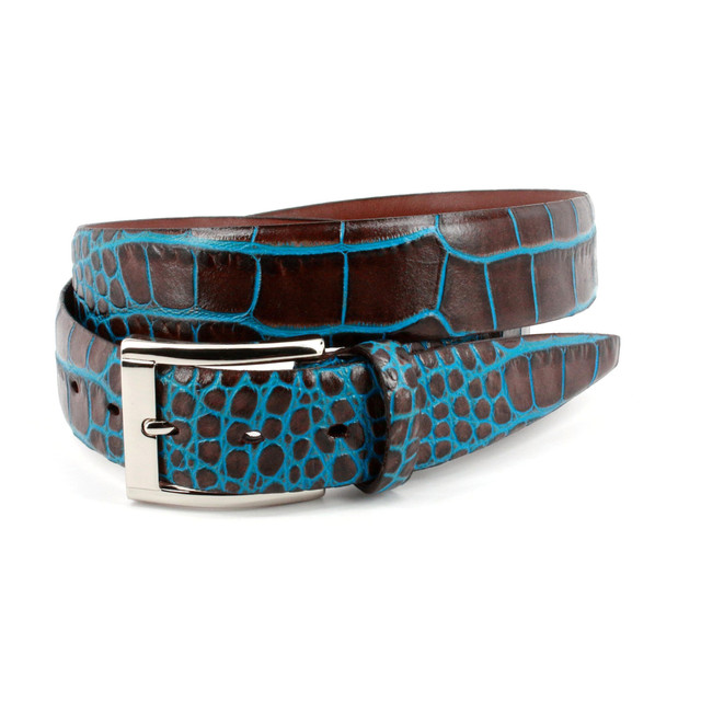 Bi-Color Faux Crocodile Embossed Calfskin Belt in Brown and Blue