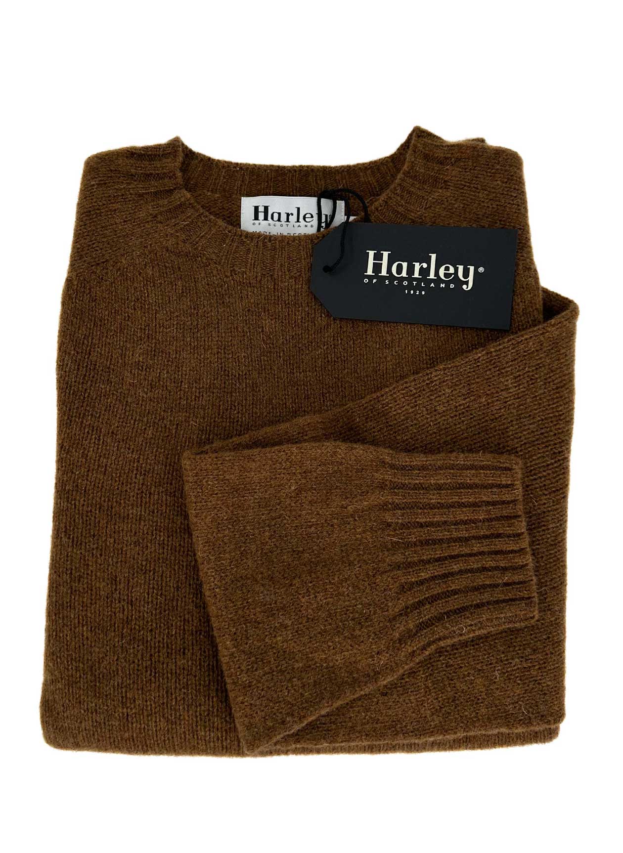 Shetland Saddle Shoulder Crew Neck Sweater in Pecan by Harley of