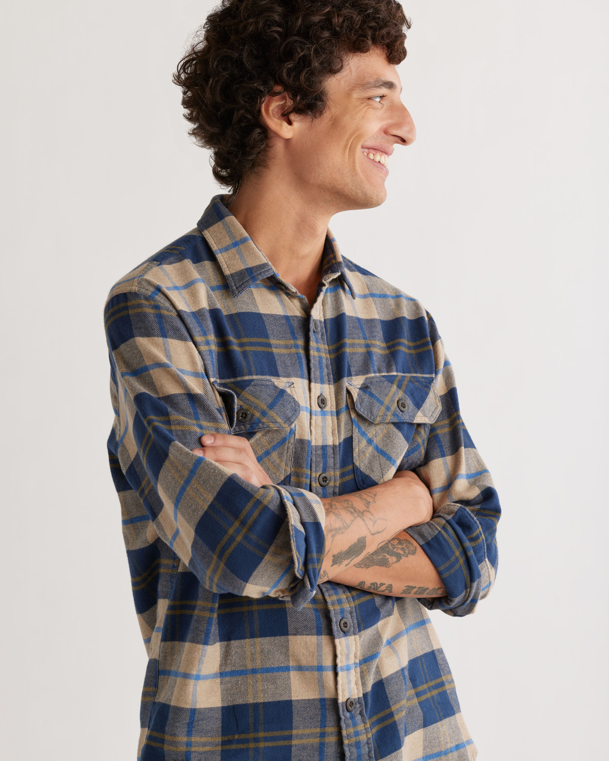 Burnside Double-Brushed Flannel Shirt in Tan, Navy and Bronze