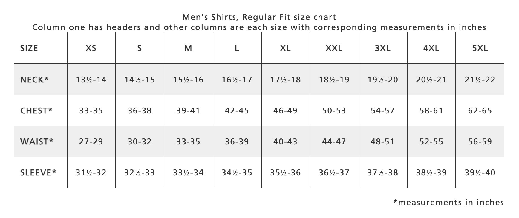 Pendleton Regular Size Chart