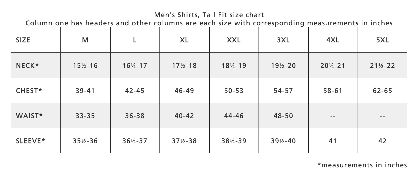 Pendleton Tall Size Chart