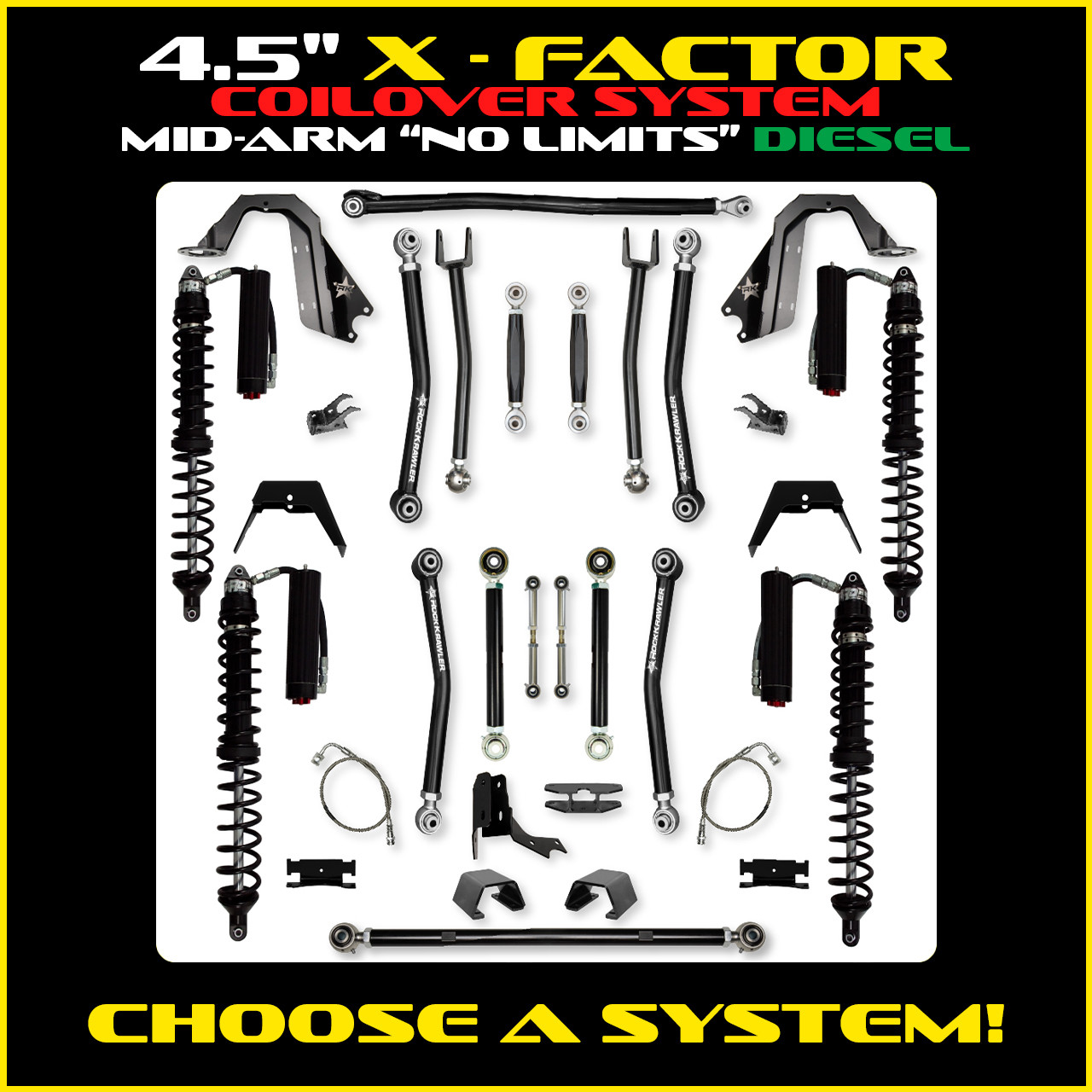 4.5 Inch X-Factor Pro Elite Coilover No Limits Mid-Arm Suspension System for Jeep Gladiator JT Diesel Models Comp System Stage 2 Rock Krawler