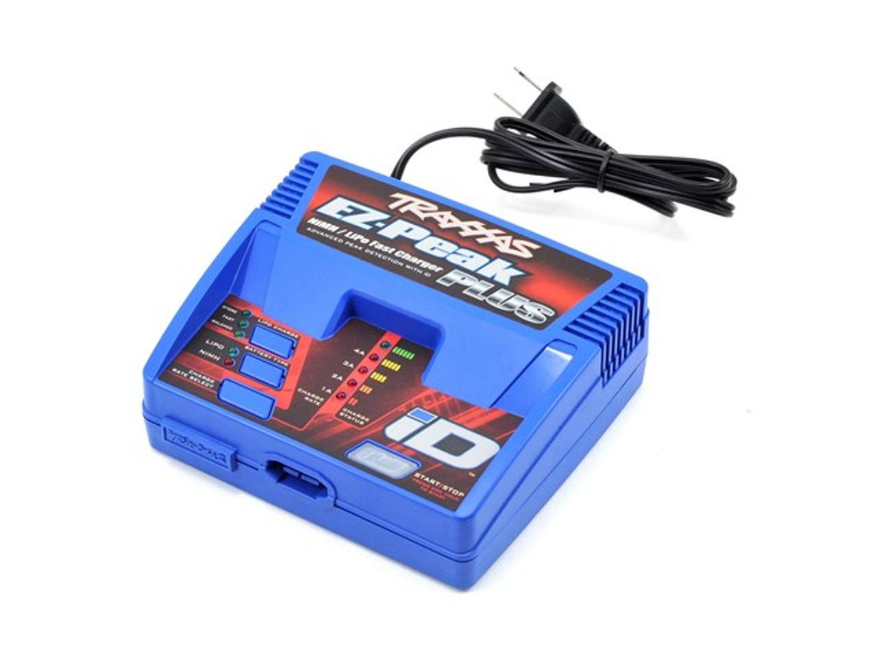 raxxas EZ-Peak Plus Multi-Chemistry Battery Charger, with iD Auto Battery Identification. The Traxxas iD battery system is the easiest and safest way to charge your Traxxas batteries. The EZ-Peak Plus recognizes Traxxas iD batteries and in an instant automatically configures and optimizes the charger settings. There's no need to be a battery expert or learn how to navigate complex menus. Just plug in a Traxxas iD battery and the EZ-Peak Plus does all the work for you. The integrated balance connector on Traxxas LiPo iD batteries eliminates fragile balance wires and connectors, along with the need for external balance boards. At the press of a button, the EZ-Peak Plus' Storage Mode protects your LiPo battery investment by safely preparing the batteries for extended storage. 4-amp fast charging and advanced high-resolution peak detection deliver a perfect charge every time. The EZ-Peak Plus is backed by the Traxxas Lifetime Electronics Manufacturer Warranty for years of reliable service.