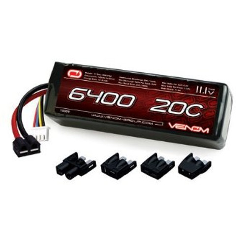 Venom 6400Mah 20C 3S 11.1 Li-Po Battery w/Universal Plug System
Whether you are looking to power a 1:16 scale short course truck, an 8th scale buggy, a monster truck, heli or airplane, you can count on our high capacity high discharge rate LiPO battery packs to deliver peak performance. Like all Venom LiPoly Batteries, this battery delivers the power and run time you demand and includes heavy-duty features like 12AWG soft silicone wire leads and our patented (Patent No. 8,491,341) High Current Universal Plug System. This battery comes with plug adaptors to fit Deans, Traxxas, Tamiya and EC3 Plug Types.