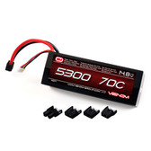 Venom 5300Mah 70C 4S 14.8V Hard Case Li-PO Battery ROAR Approved With UNI Plug
Whether you are looking to power an 8th scale buggy, a monster truck, heli or airplane, you can count on our high capacity high discharge rate LiPO battery packs to deliver peak performance. Like all Venom LiPoly Batteries, this battery delivers the power and run time you demand and includes heavy-duty features like 12AWG soft silicone wire leads and our patented (Patent No. 8,491,341) High Current Universal Plug System. This battery comes with plug adaptors to fit Deans, Traxxas, Tamiya and EC3 Plug Types.