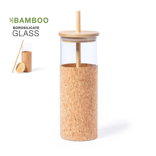 Drink bottle 520ml Borosilicate glass bamboo lid and bamboo straw ECO Friendly