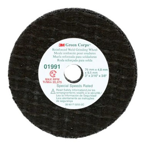 3M™ Green Corps™ Reinforced Weld Grinding Wheel 01991, 3 in x 0.22 in x 3/8 in, 5 Each/Pack, 10 Packs/Case by 3M (7100229883)