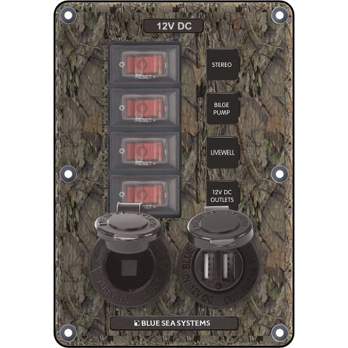 Blue Sea 4324 Circuit Breaker Switch Panel 4 Postion - Camo with 12V Socket & Dual USB - P/N 4324