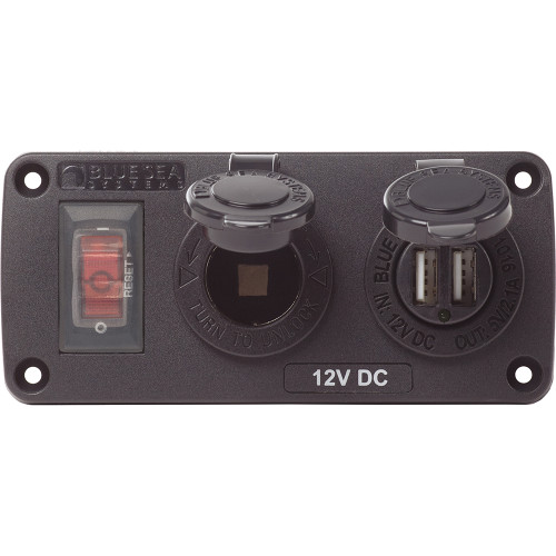 Blue Sea 4363 Water Resistant USB Accessory Panels - 15A Circuit Breaker, 12V Socket, 2.1A Dual USB Charger - P/N 4363