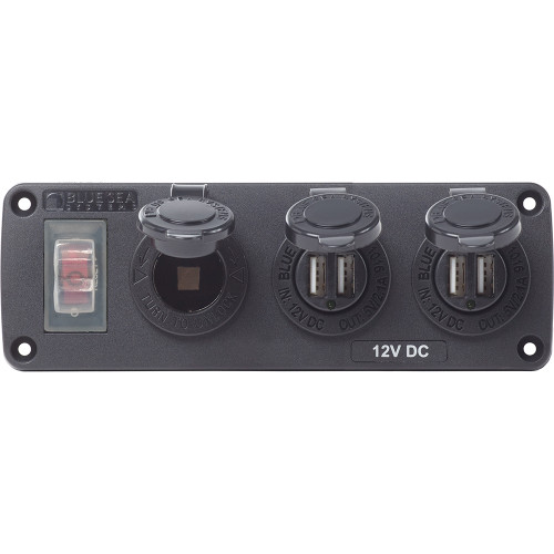Blue Sea 4365 Water Resistant USB Accessory Panel - 15A Circuit Breaker, 12V Socket, 2x 2.1A Dual USB Chargers - P/N 4365