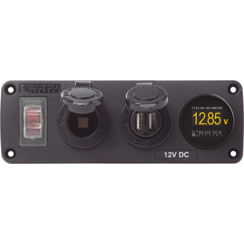 Blue Sea 4366 Water Resistant USB Accessory Panel - Circuit Breaker, 12V Socket, Dual USB Charger, Mini Voltmeter - P/N 4366