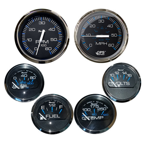 Faria Chesapeake Black with Stainless Steel Bezel Boxed Set of 6 - Speed, Tach, Fuel Level, Voltmeter, Water Temperature & Oil PSI - Inboard Motors - P/N KTF064