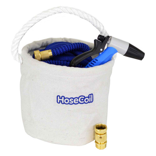 HoseCoil Canvas Bucket with 75' Expandable Hose, Rubber Tip Nozzle & Quick Release - P/N HCE75CB