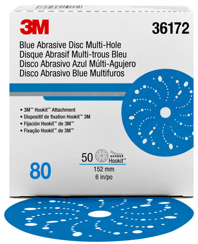 3M™ Hookit™ Blue Abrasive Disc Multi-hole, 36172, 6 in, 80 grade, 50 discs per carton, 4 cartons per case by 3M (7100091244)