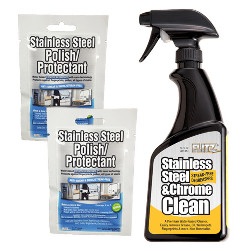Flitz Stainless Steel & Chrome Cleaner with Degreaser 16oz Spray Bottle with 2 Stainless Steel Polish/Protectant Towelette Packets - P/N SPO1506SS01301