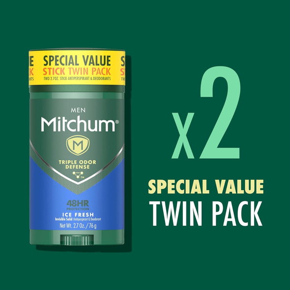 Mitchum Men Triple Odor Defense Invisible Solid Antiperspirant & Deodorant, Ice Fresh 2.7 oz (2-Pack)