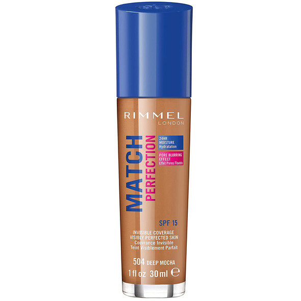 Rimmel London Match Perfection Foundation – LSF 20, 504 Tiefe Mokka | 24h Feuchtigkeit, Mittlere Deckkraft, Mit Pumpe | Für Ebenmäßigen, Frischen Teint