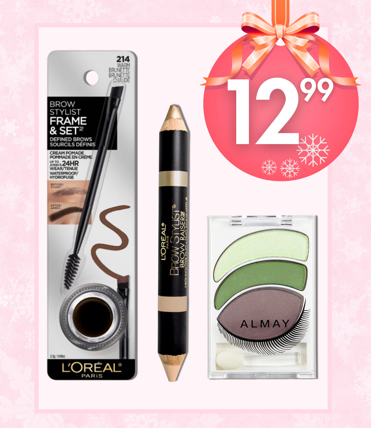 Holiday gift set featuring L’Oréal Brow Stylist Frame & Set, L’Oréal Brow Stylist Brow Raiser Duo, and Almay eyeshadow trio in green shades on a pink background with ribbon and bow.