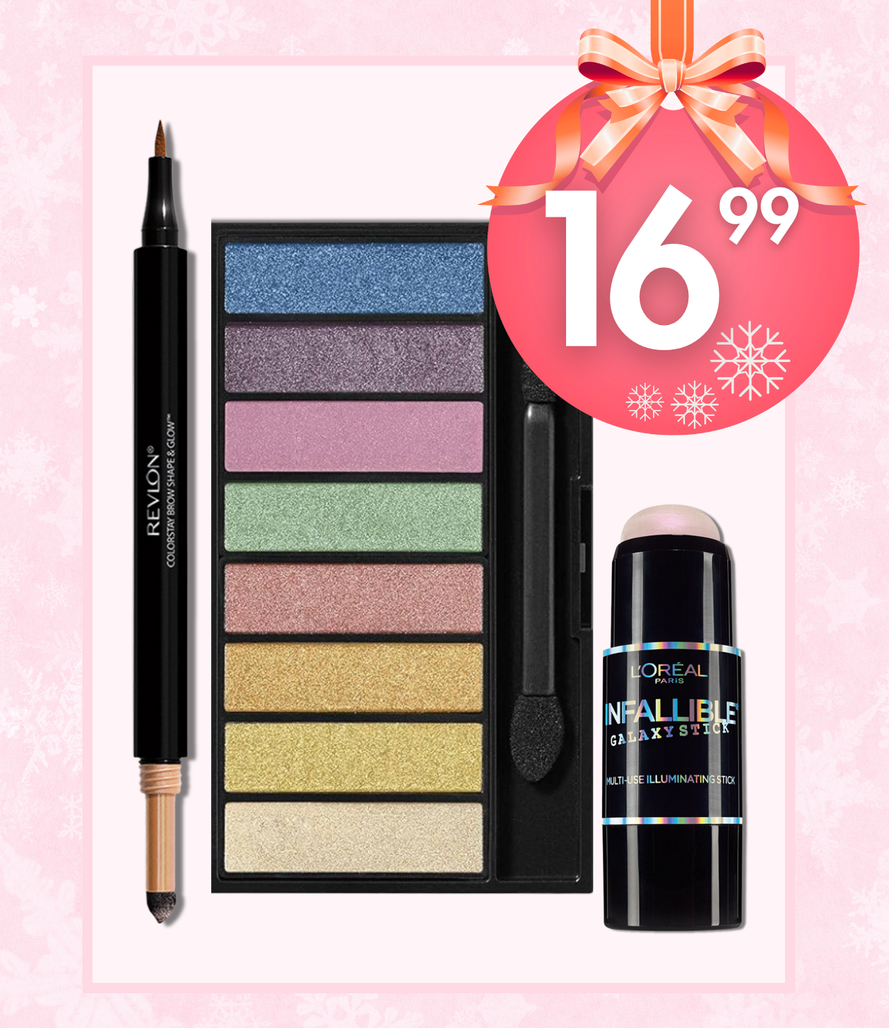 Holiday gift set featuring Revlon ColorStay Dual-Ended Shadow + Liner, a rainbow shimmer eyeshadow palette, and L’Oréal Infallible Galaxy Stick highlighter on a pink background with ribbon and bow.