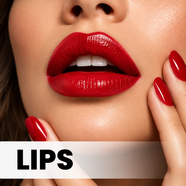 Stylish woman showcasing red lipstick and red nail polish, creating a bold and glamorous look.